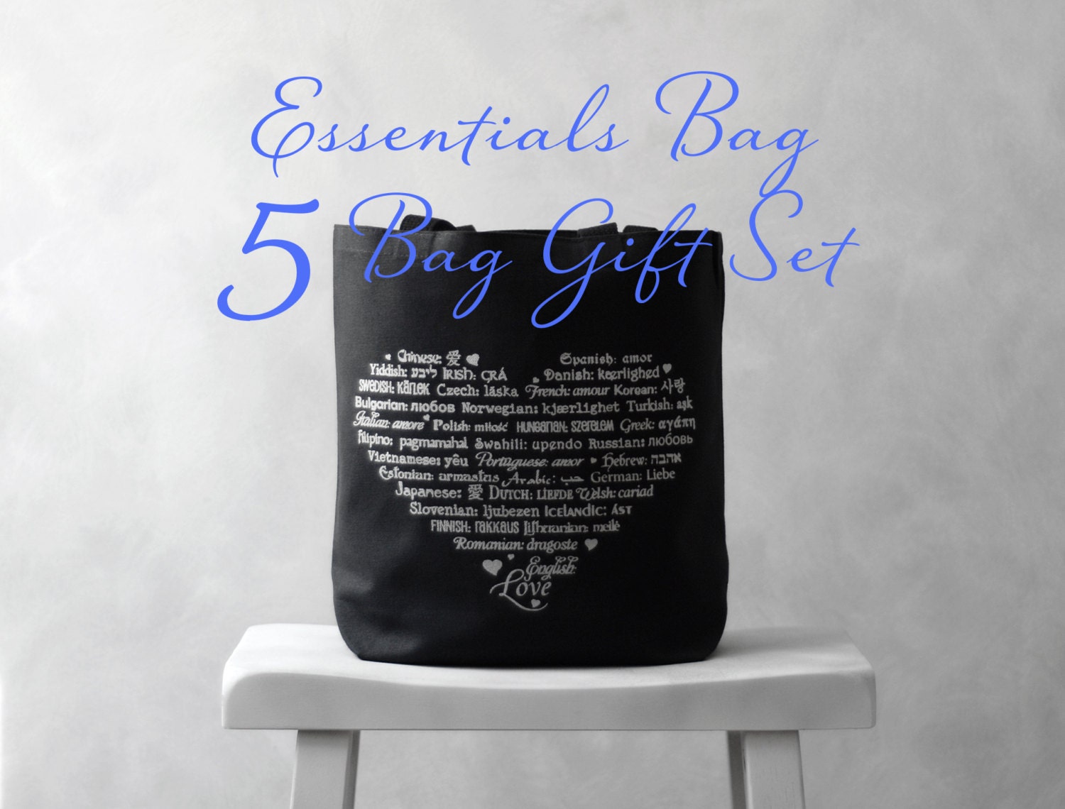 5 Bridesmaids Gift Set - LOVE Languages Totes - Essentials Bag - Canvas Bag - Natural and Black