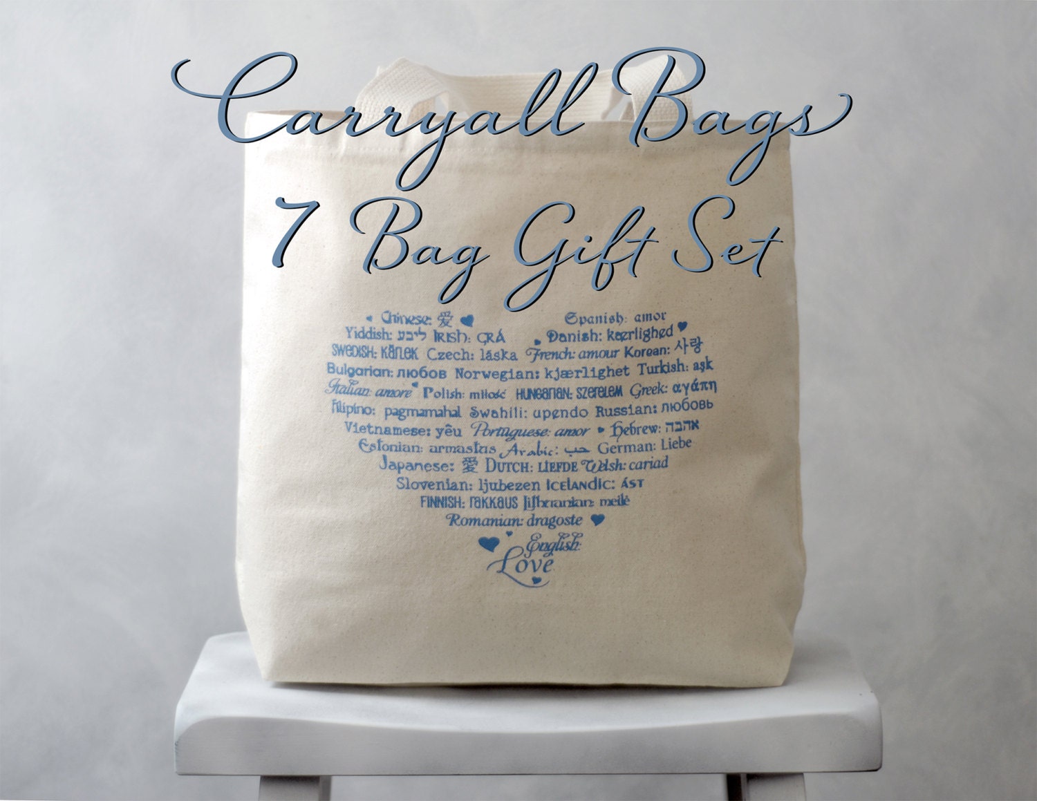 7 Bridesmaids Gift Set - LOVE Languages Bags - Heart - CARRYALL TOTE - Canvas Bag - Natural and Black