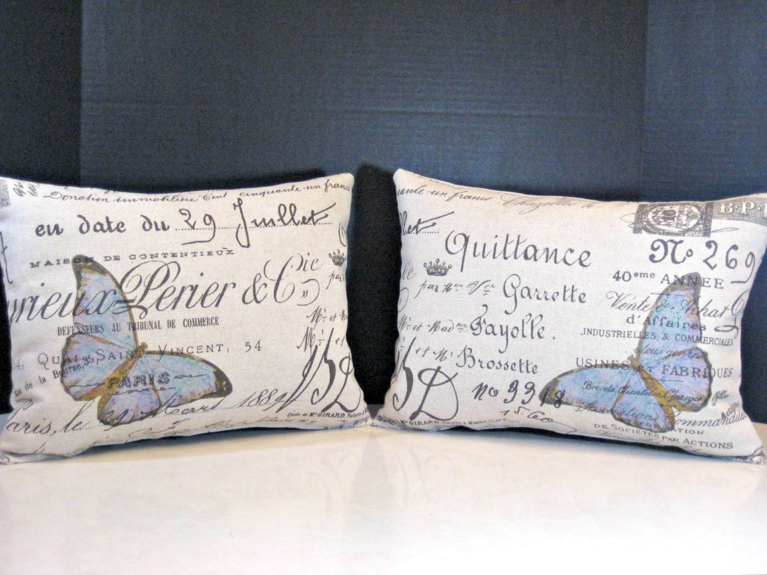 Pillows Pair of French Script Paris Document on Both Sides, Opposite Blue Butterflies, You Choose Color of Butterflies