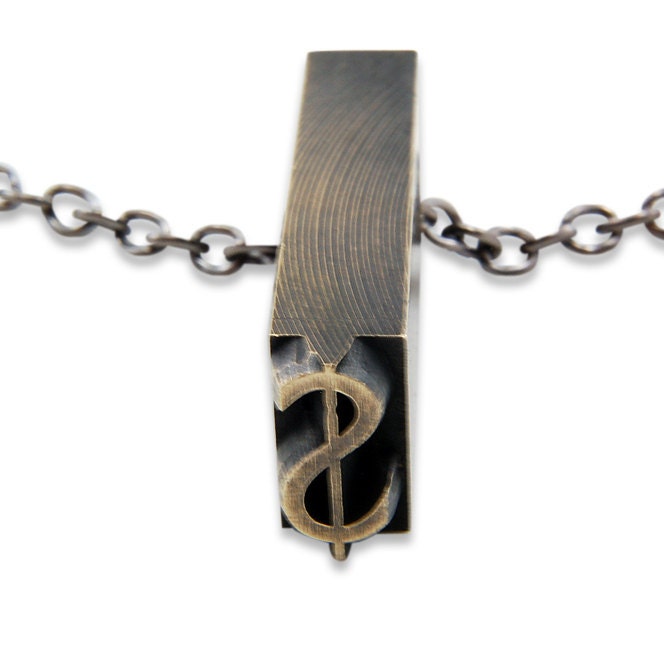 Dollar Sign - Brass Vintage Letterpress Necklace - Personalized - Other Letters Available