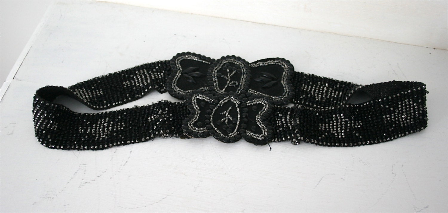 1910s Edwardian Black Beaded Jet Bow Belt