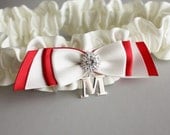 Silk Wedding Garter in Ivory and Scarlet Red, Personalized with Silver Initial - the Fiona Bridal Garter