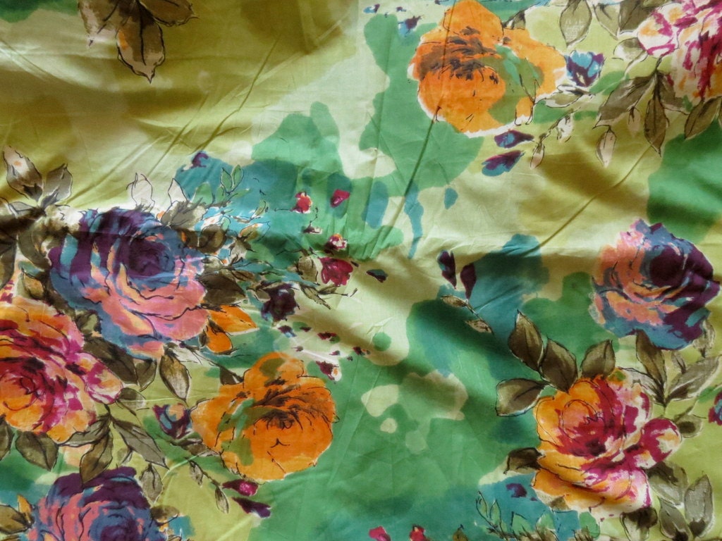 D3 - Green Multicolored Big Flower Patterned Cotton - One Yard