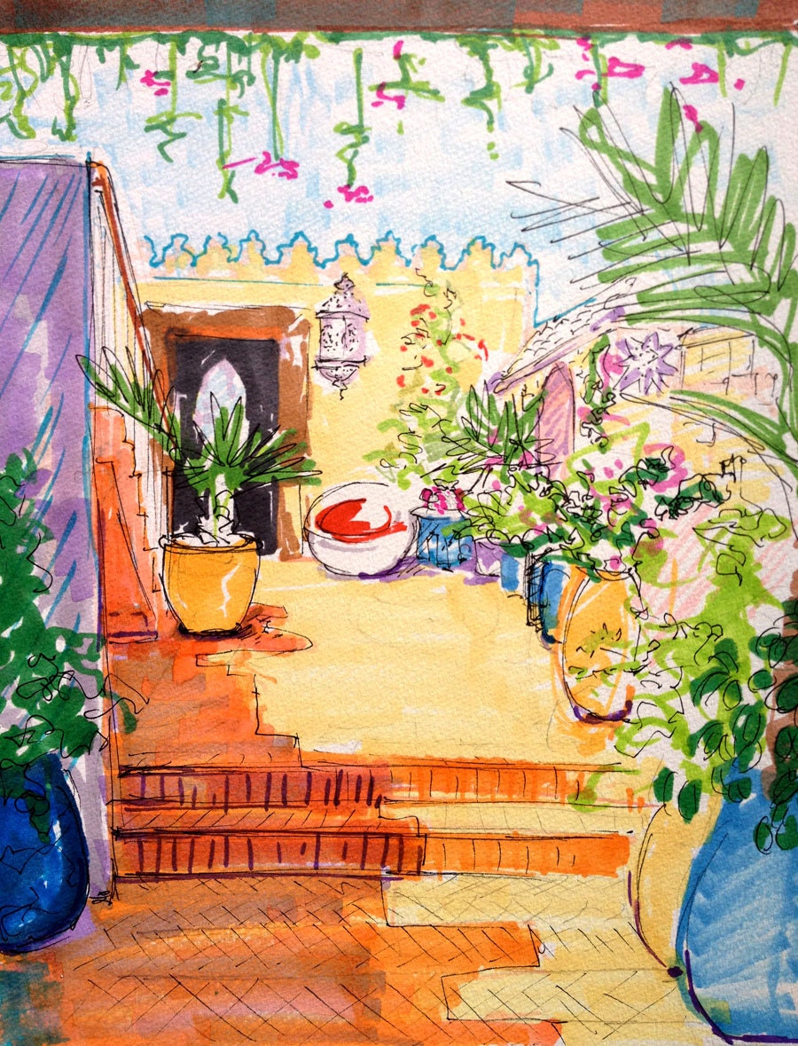 Framed Marrakech rooftop painting 12"x14"