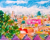 Watercolor painting, Rooftops with Atlas mountains, Marrakech, Morocco