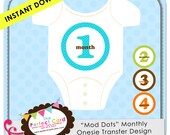 Mod Dots Boy Monthly Onesie Iron On Design - Months 1-12 - Instant Download