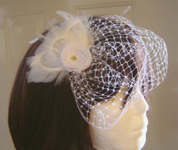 CRISP WHITE Feather and ROSE Bridal Blusher Birdcage Veil French Russian Netting Wedding with Rhinestone