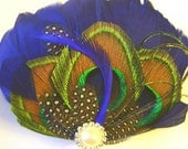 50% OFF Peacock Hair Clip BLUE WAVE Goose and Peacock Feather and Rhinestone Flower Wedding Hair Fascinator Clip