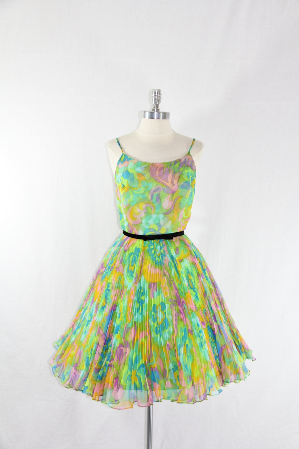 1960's Vintage Dress - Lime Green Blue Purple Psychedelic Floral Print Party Dress