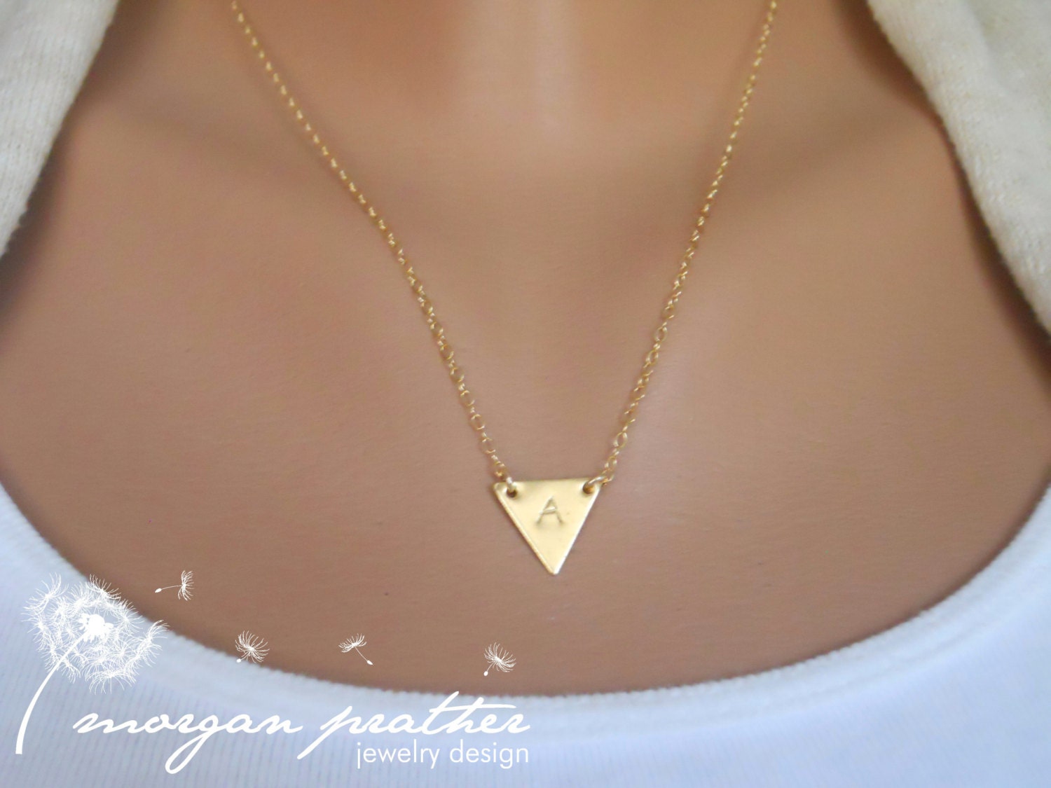 SALE - Custom Initial Small Brass Triangle Necklace - Dainty Little Triangle Shape Charm Suspended on Gold Filled Chain - morganprather