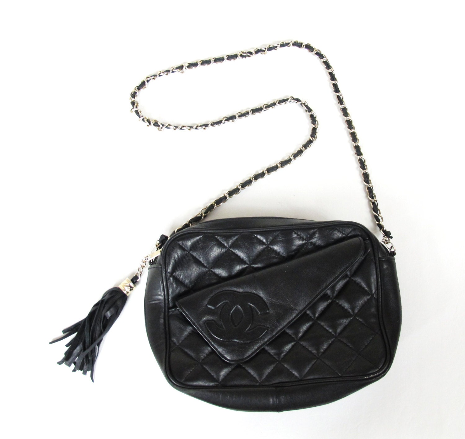 Quilted Black Leather Logo Gold Chain Strap Tassel Shoulder Purse