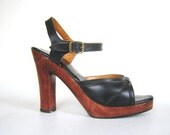 20% OFF VACATION SALE 70s  Black Leather Strappy Platform Wooden Platform Heels (6)
