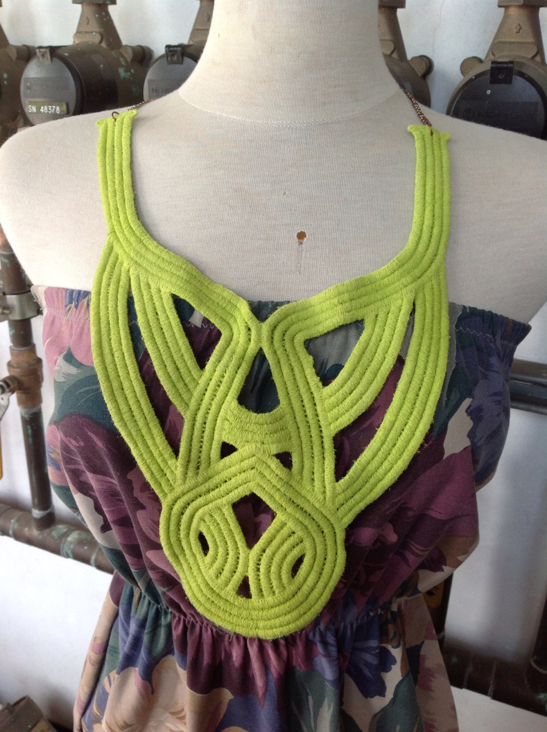 Lime green tribal style crochet bib necklace