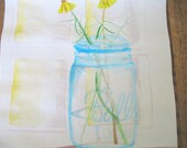 Wildflowers in Blue Mason Jar - watercolor original painting on paper - bouquet, aqua, golden, sunlight, vintage, old window