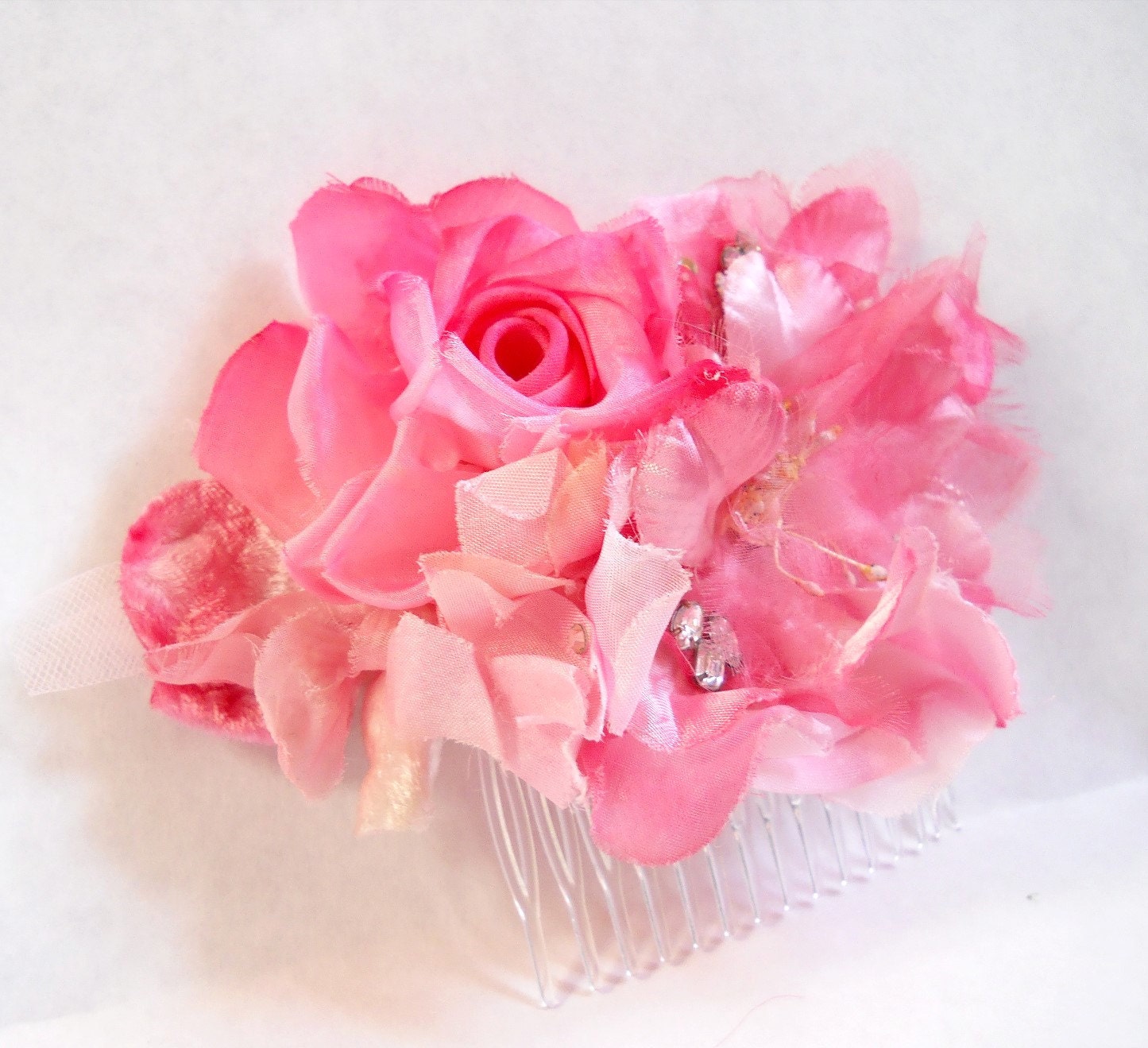 Vintage fuschia satin and organdy hair comb with vintage rhinstones - "Carnval Ride"