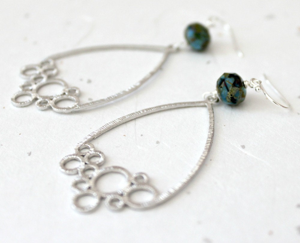 Silver Teardrop Earrings, Circle Earrings, Turquoise Glass, Bubble