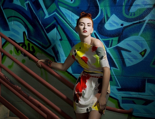 Abstractly painted art Dress/ Hand painted dress/ Tunic/ Exotic chic/ Modern dress/ Party dress/ blue / rusteam tt team teamstyle