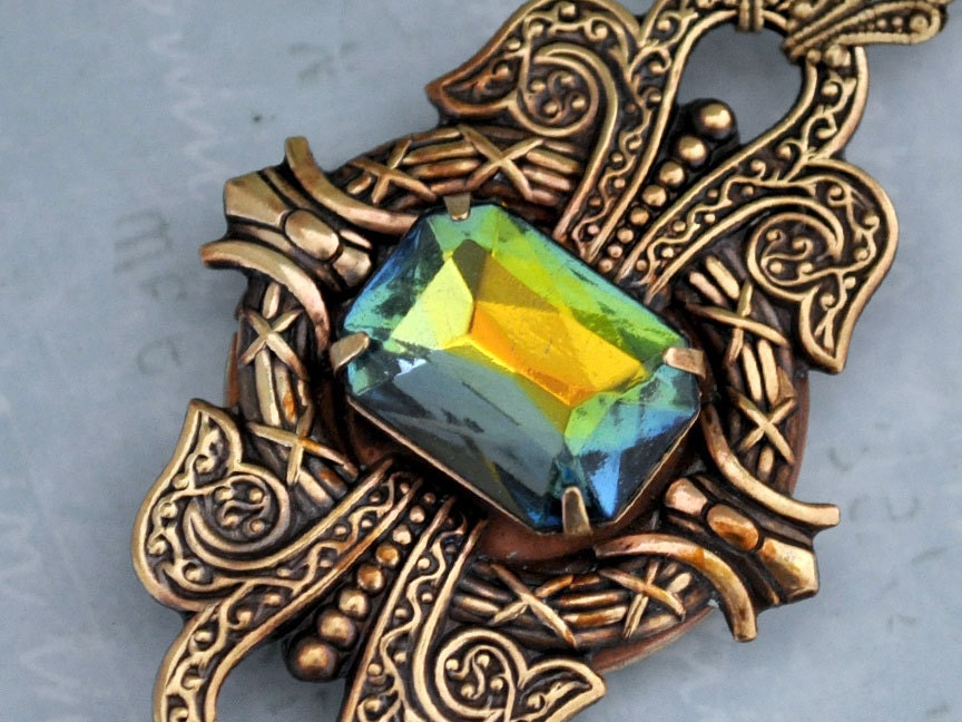 DARK VICTORIAN antiqued brass locket necklace with vintage smoke topaz rainbow color glass jewels