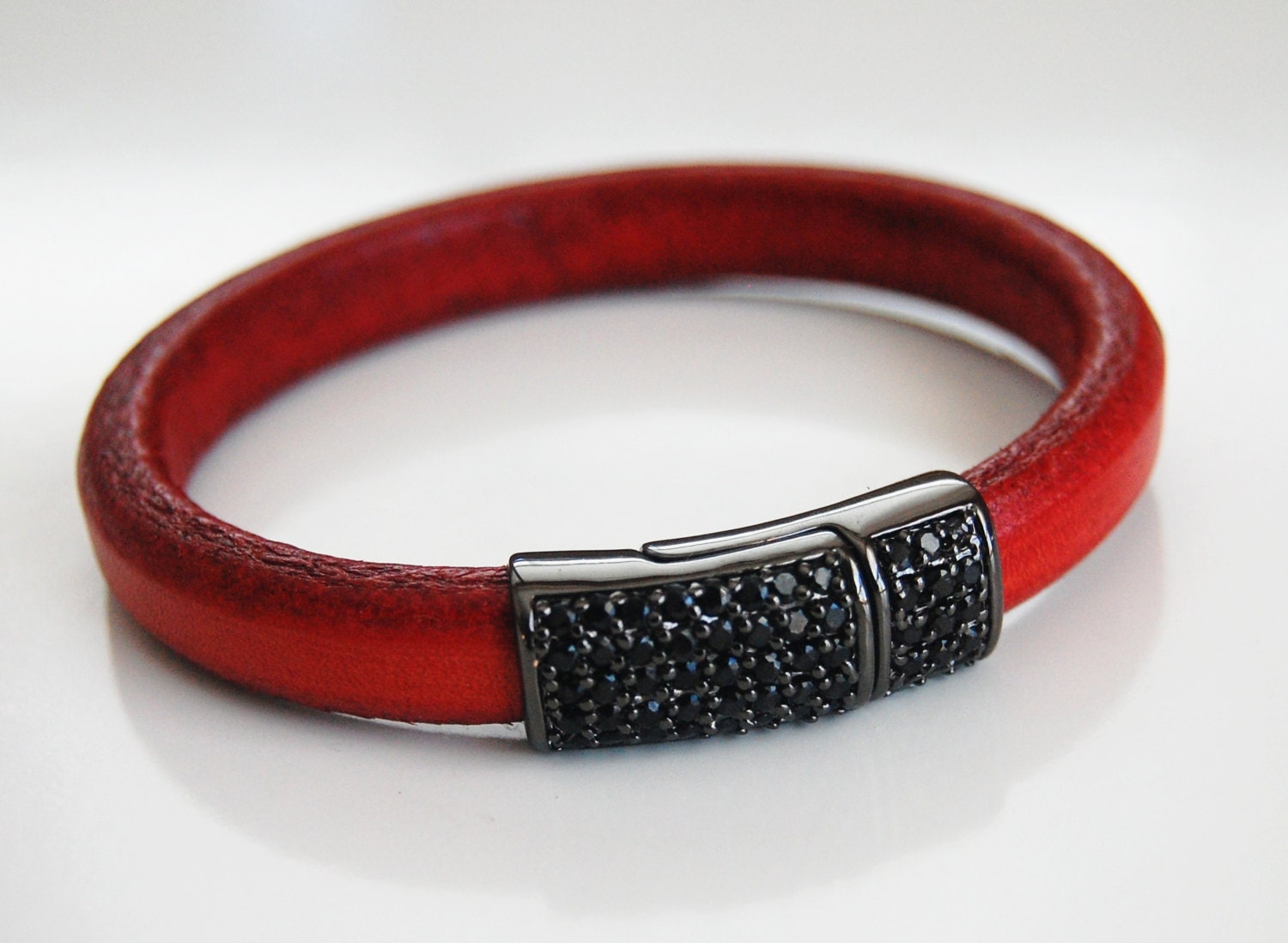 Red Licorice Leather Bracelet With Pave Magnetic Clasp- Leather Bracelet - Bangle Bracelet
