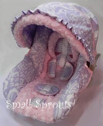 Custom Boutique Lilac/Lavender Damask Stripe with light Pink Minky Infant Car Seat Cover 5 Piece set