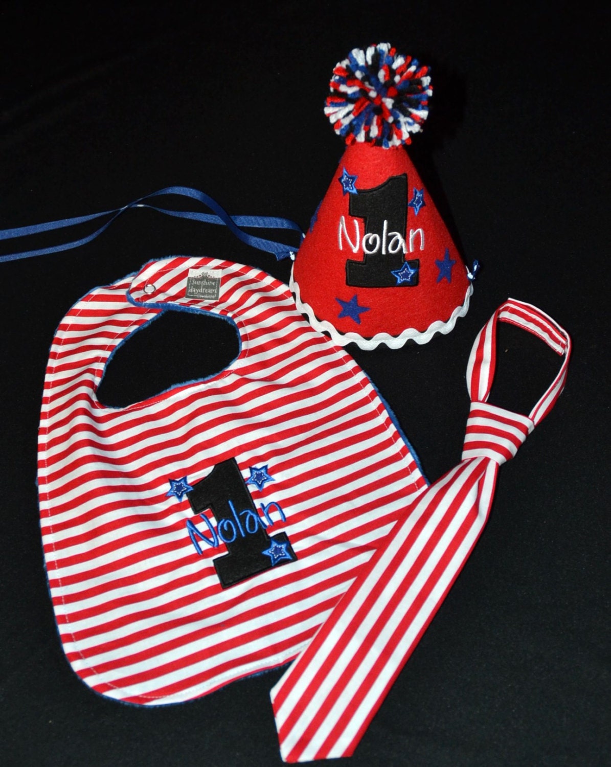 Stars and Stripes Theme Boys Birthday Hat, bib and Necktie Cake Smash Set, Photo Prop