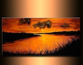 Original landscape Abstract painting, Contemporary Lake Sunset Fine Art  by Henry Parsinia 48x24