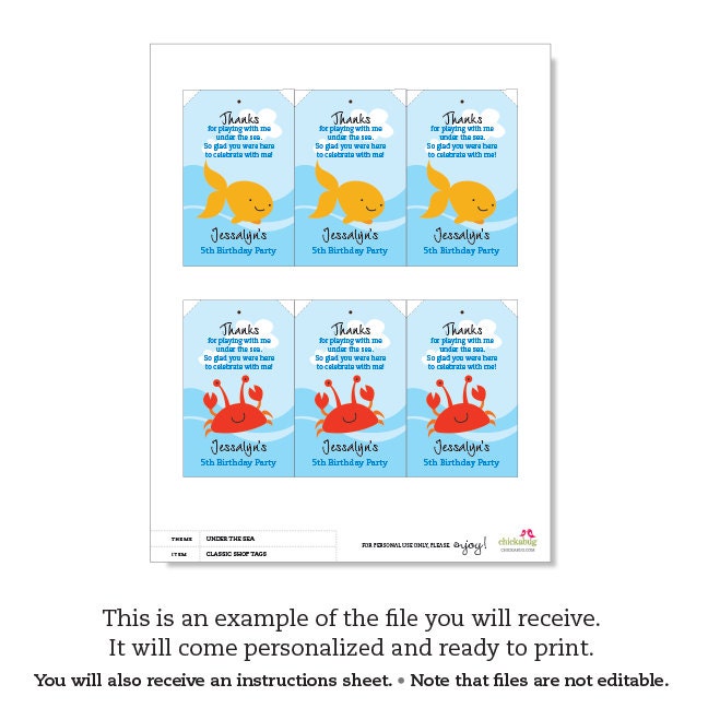 Under the Sea party - Personalized DIY printable favor tags