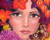 Autumn Four Seasons Series 6 x 6 Original Acrylic Painting, Woman, Leaves, Flowers