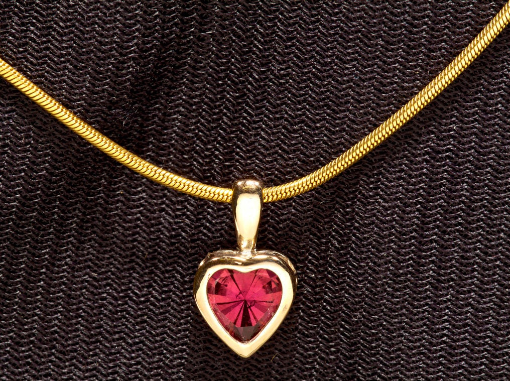 AAA Rubellite Tourmaline Heart Pendant in 14kt Yellow Gold