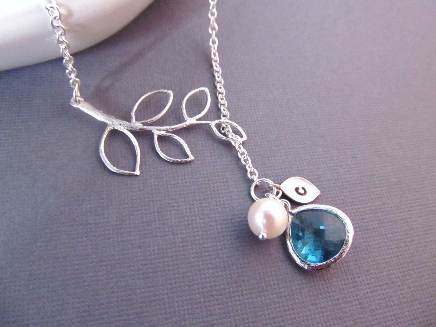 Bridesmaid Necklace, Silver Branch with Initial and Jewel, Lariat Necklace, Birthstone Necklace, Personalized Necklace, Bridal Jewelry