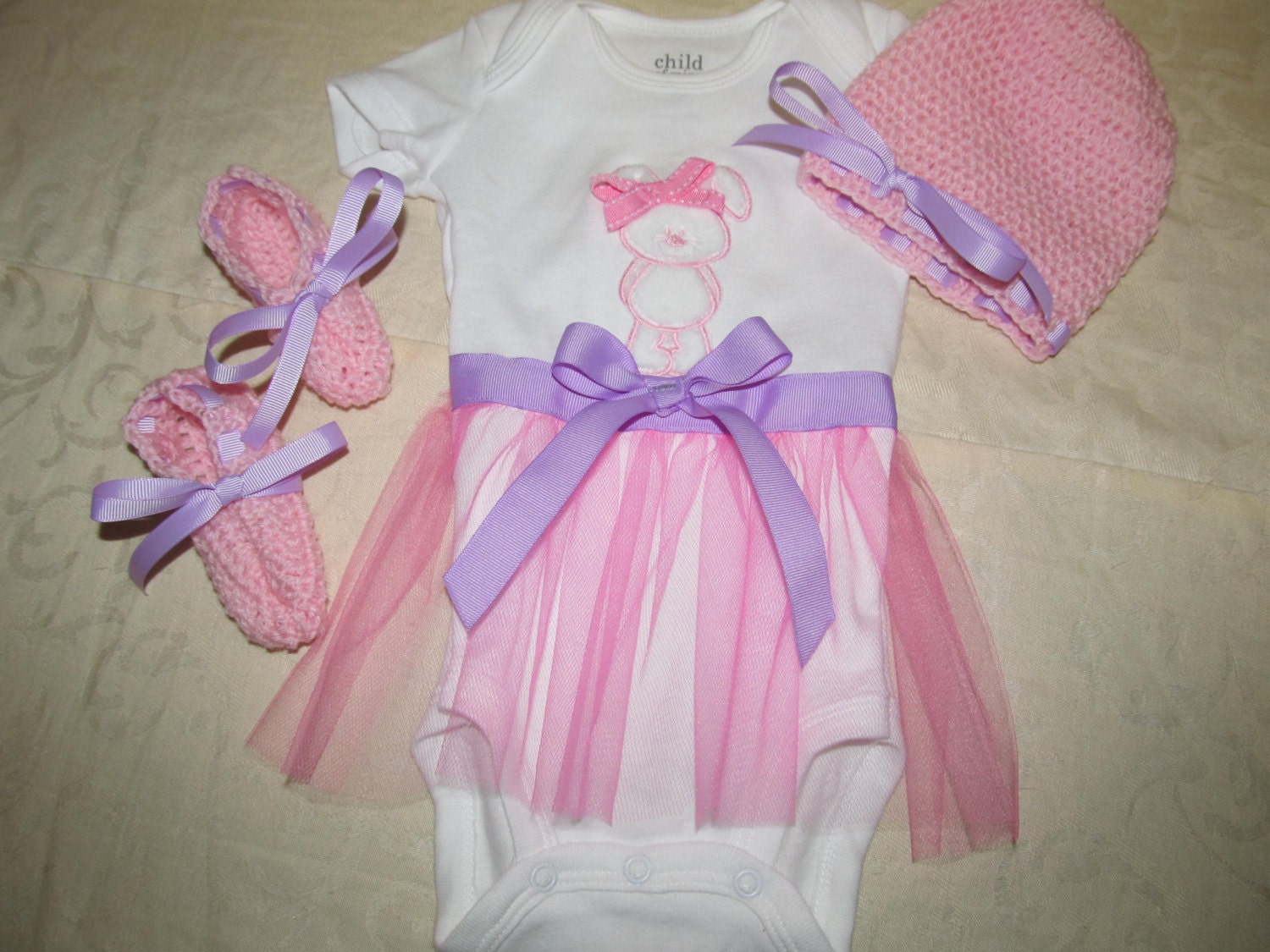 Custom Handmade Hoppy Hoppy Hoppy Tutu bunny purple and pink onesie / body suit  with crocheted hat and matching booties