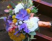 Bridal bouquet, purple succulents, white carnations, lavender, billy balls/ craspedia, brunia berries, mokora orchids