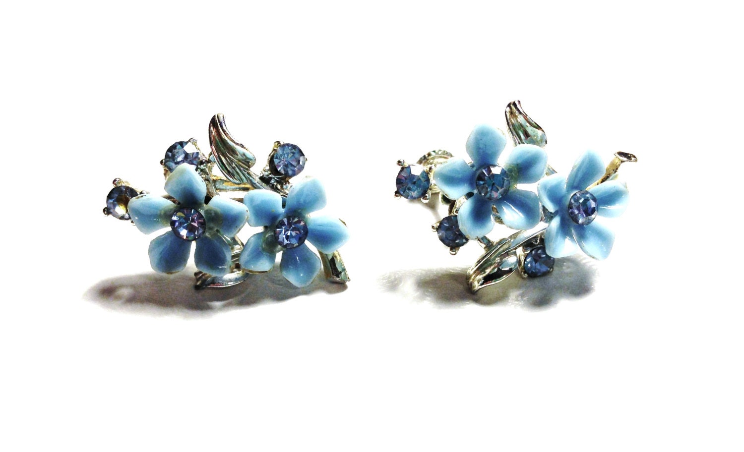 Vintage Blue Flowers and Rhinestones Screw Back Earrings 1950s 1960s Mad Men Style Jewelry Retro Chic - Gift Idea Sale