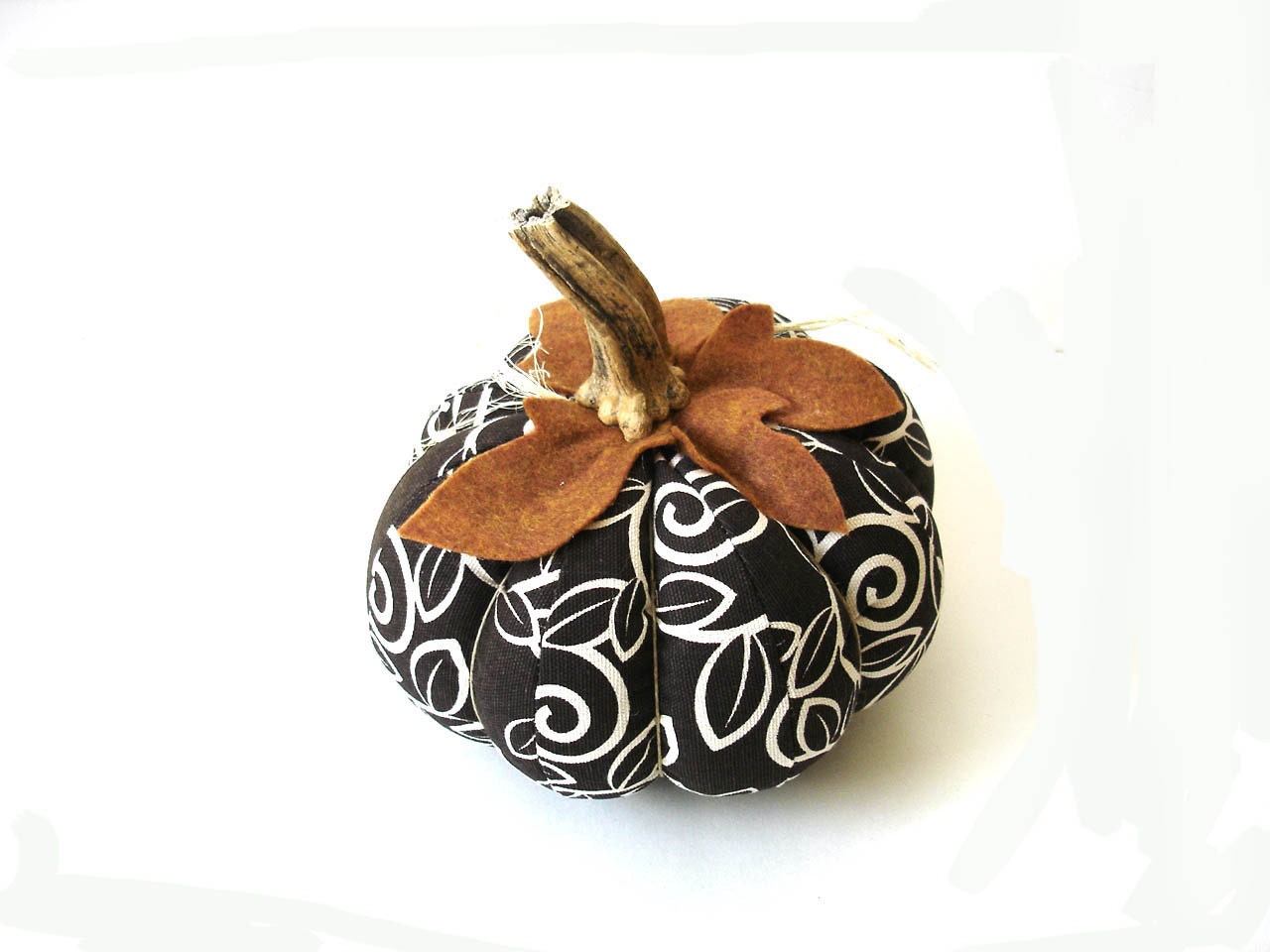 Fabric stuffed pumpkin, chocolate brown real stem autumn home decor halloween table fall accent