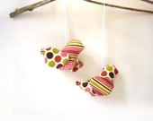 Hanging fabric birds baby nursery decor, pink olive brown polka dots and stripes