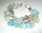 Hand Knit Lamp Work Glass Bead Bangle Beach Wedding Bracelet, OCEAN BREEZE,  Blue green,, Light Green, Lavender, Clear White, Sereba Designs