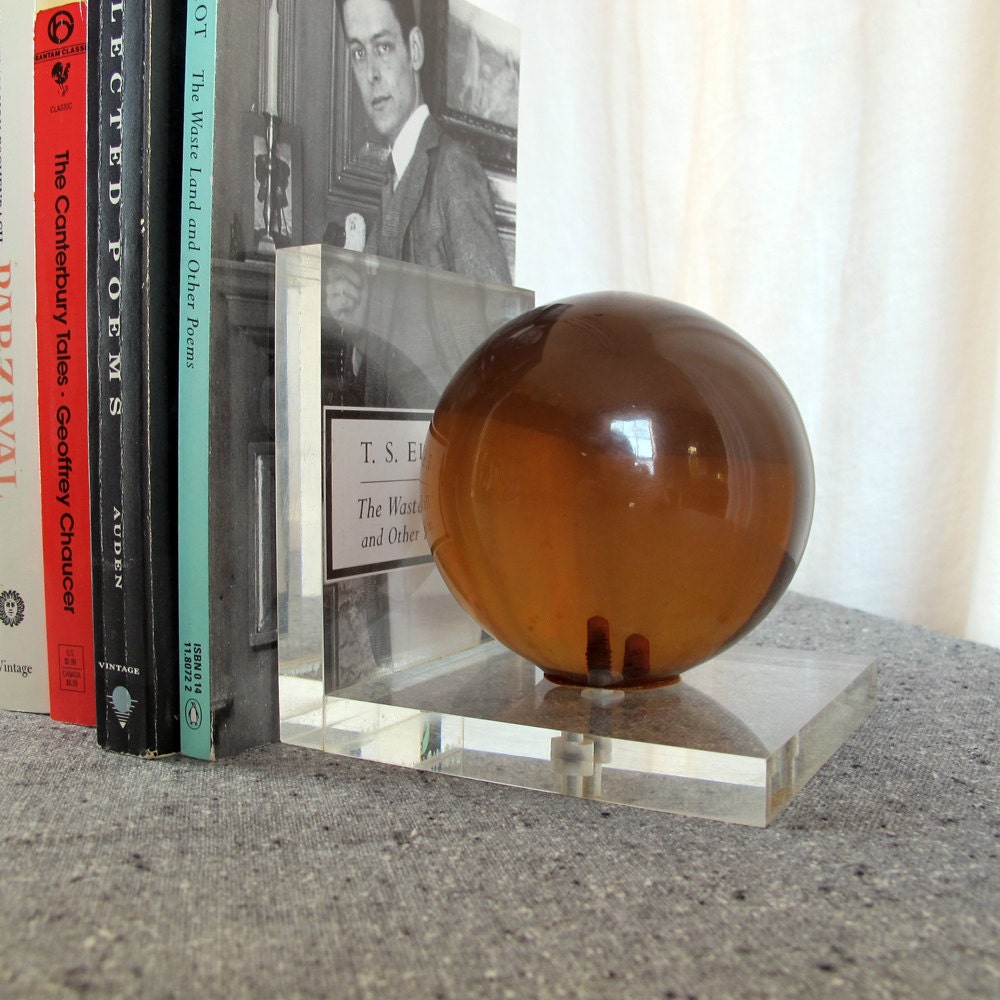 Book End Lucite Modernist Midcentury Amber Sphere