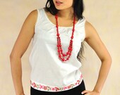 Vintage Fabric White Cotton Blouse XS Embroidered Flower Trim red pink crossstitch
