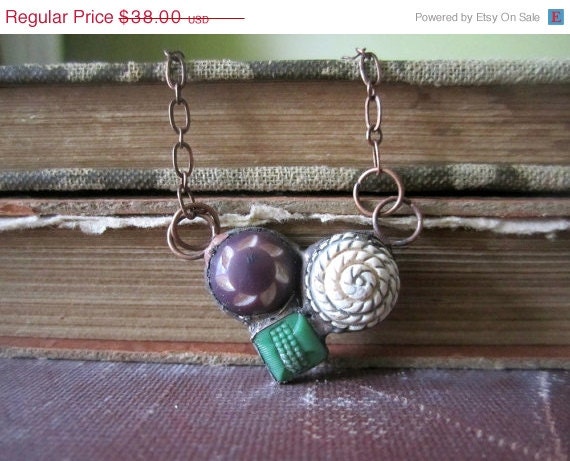 SALE Vintage Button Necklace, Antique Button Necklace, A Trio of LIttle Buttons