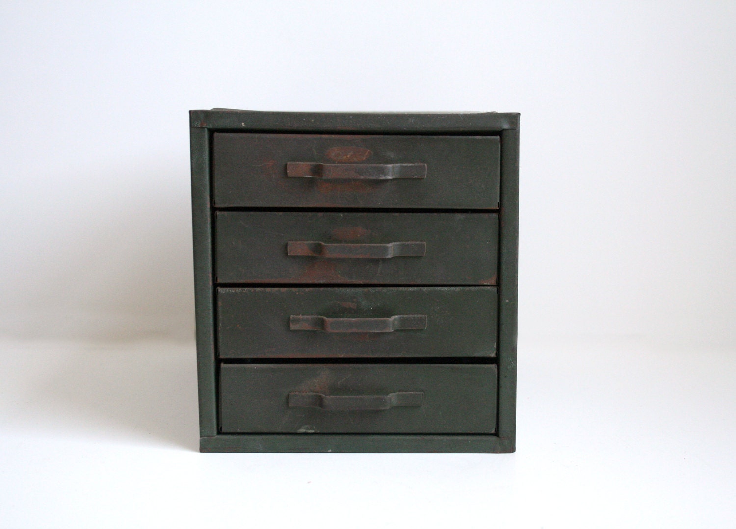 Industrial Metal Storage Drawers - Dark Army Green Rustic Steel - Antique 40s