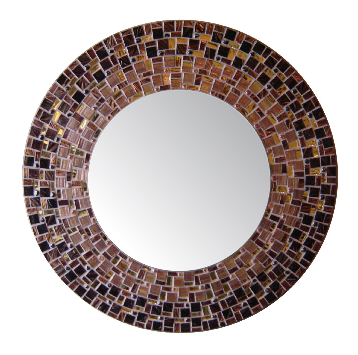 Large Round Mosaic Mirror - Brown, Mahogany, Gold