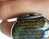 Rainbow Ring, Sparkling Glass, Dichroic Glass, Fused Glass, Striped, Dark Sterling Silver, Eco Friendly Metal, Teal Blue, Gold, Amber