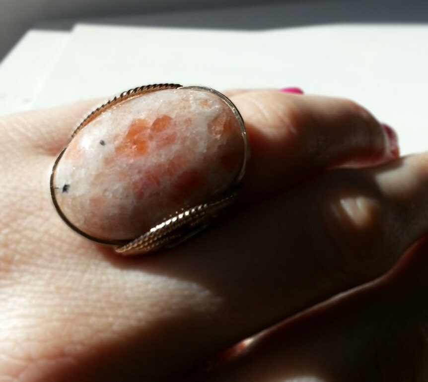 Peach Sunstone Ring, Gold Fill, Peaches and Cream, Sparkly Stone, Coral, Handmade Jewelry, Natural Stone Ring, Gold Ring, Summer Jewelry