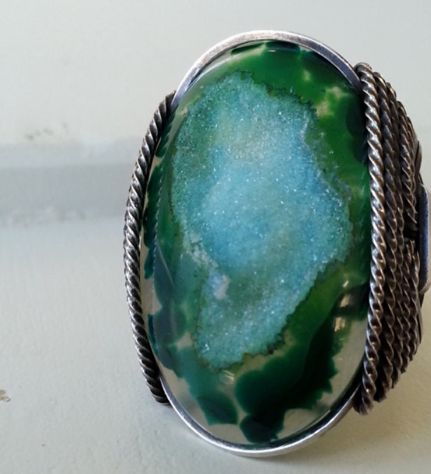 Druzy Ring, Green Agate Stone, Mint, Emerald, Recycled Sterling Silver, Drusy Ring, Kelp Green, Mossy Rock, Wire Ring