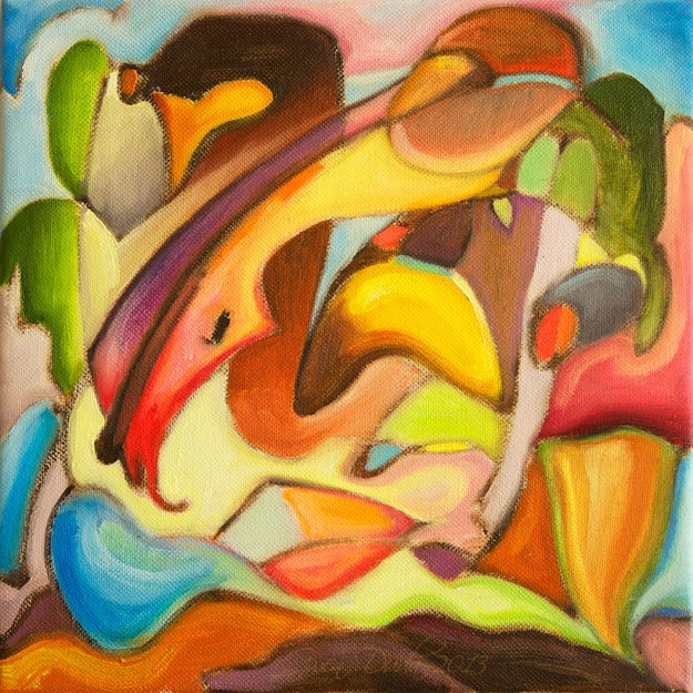 Abstract Oil Painting 10 x 10 Surreal Expressionism Multi Coloured Red Yellow Blue Gold Brown artist Gwen Duda