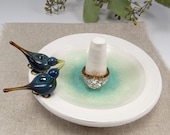 Peacock love birds ring stand, wedding ring holder, blue birds ceramic jewelry dish