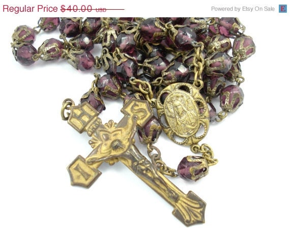 On Sale 25% Off Vintage Filigree Cap Purple Beaded Catholic Rosary - 5 Decade Rosary - QQ28