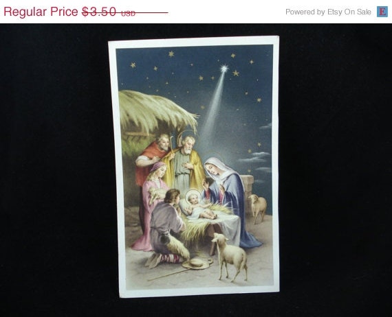 On Sale 25% Off Vintage Jesus in a Manger Catholic Holy Card - Holy Family Picture