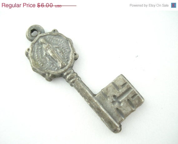On Sale 25% Off Vintage Key Shaped Miraculous Medal - Skeleton Key Charm - KK80