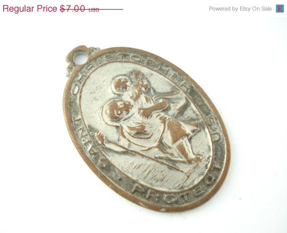 On Sale 25% Off Vintage Saint Christopher Catholic Medal - Worn Silver Plated Bronze Scapular Medallion - KK71
